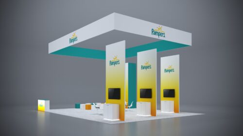 30x40 modular trade show booth featuring modern design, tech integration, and spacious display zones.