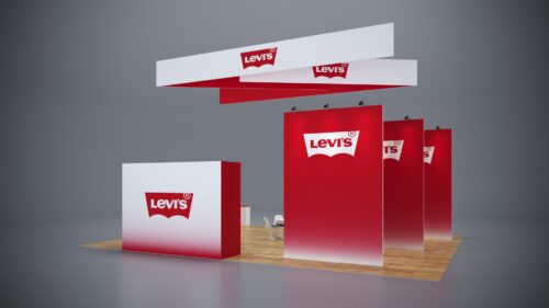 30x40 modular trade show booth with spacious product display areas, integrated storage, and high-tech features.