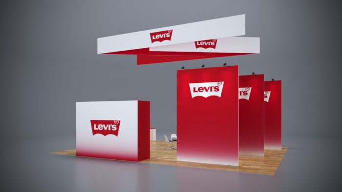 30x40 modular trade show booth with spacious product display areas, integrated storage, and high-tech features.