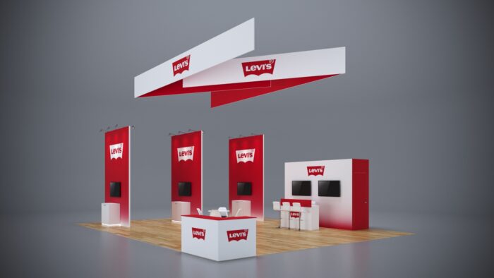 30x40 modular trade show exhibit with custom graphics, flexible design, and interactive presentation zones.