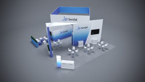 40x40 custom trade show booth featuring premium finishes, modern lighting, and interactive tech.