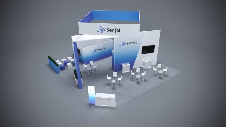 40x40 custom trade show booth featuring premium finishes, modern lighting, and interactive tech.