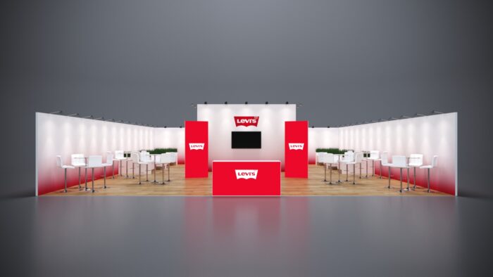 40x40 custom exhibit featuring large product displays, tech integration, and customizable graphics.