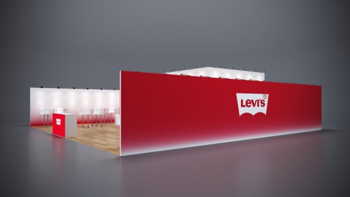 40x40 custom trade show booth with sleek, modern design, flexible storage, and product demo areas.