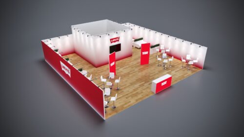 40x40 custom exhibit with high-quality custom graphics, tech features, and engaging presentation zones.