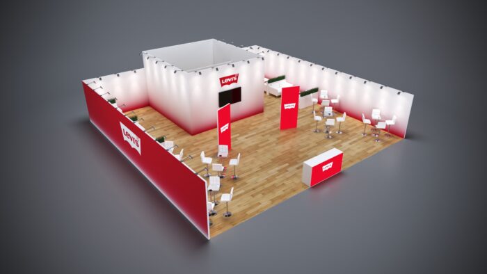 40x40 custom exhibit with high-quality custom graphics, tech features, and engaging presentation zones.