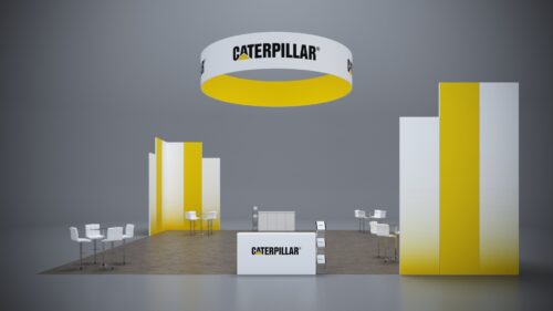 40x40 custom exhibit with spacious counters, interactive screens, and flexible display configurations.