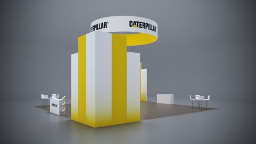 40x40 custom exhibit with large display areas, tech integration, and dynamic product showcases.