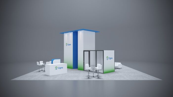 40x40 custom trade show booth with innovative design, dynamic lighting, and customizable graphics.