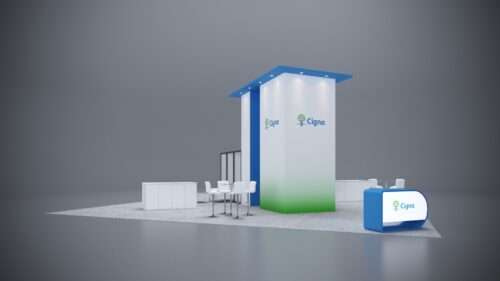 40x40 custom exhibit with wide layout, engaging branding, and interactive presentation zones.