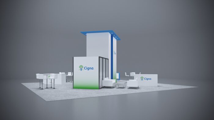 40x40 custom trade show booth with modern counters, tech integration, and spacious product showcases.