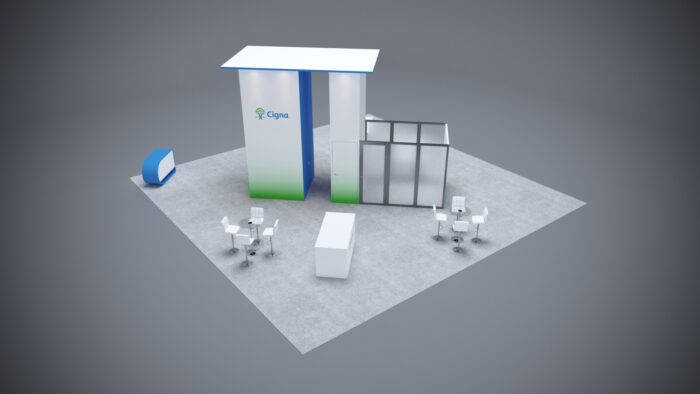 40x40 custom exhibit with large product demo areas, interactive tech, and customizable design.