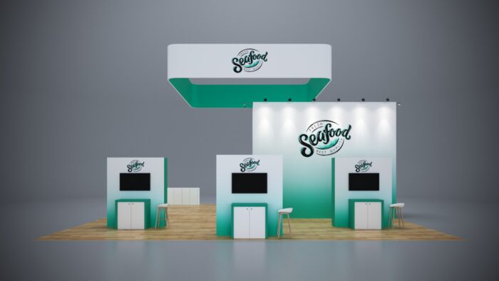 40x40 custom exhibit with expansive product display areas, custom branding, and integrated tech.