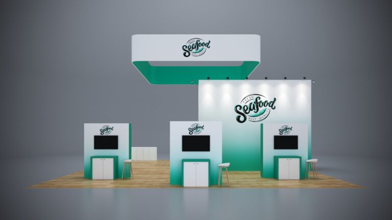 40x40 custom exhibit with expansive product display areas, custom branding, and integrated tech.