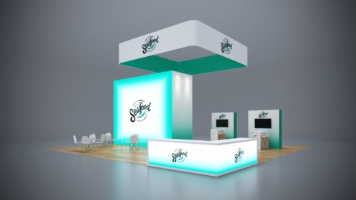 40x40 custom trade show booth with sleek counters, interactive screens, and large-scale displays.