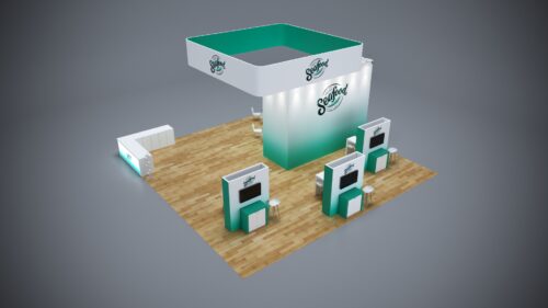 40x40 custom trade show booth with dynamic lighting, interactive tech, and ample product showcases.