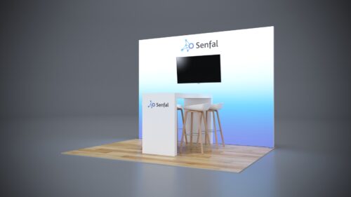 Conference sponsorship booth packages with interactive displays, branded counters, and custom graphics.