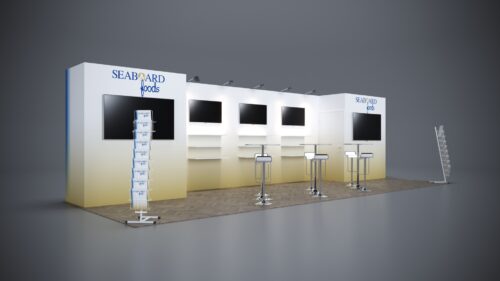 10x30 modular trade show exhibits with display areas, counters, and integrated tech.
