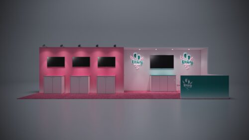 10x30 modular trade show exhibits with modern counters and seamless product presentations.