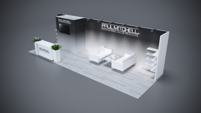 10x30 modular trade show exhibits featuring stylish counters and ample product space.