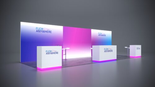 10x30 modular trade show exhibits featuring integrated LED lighting and modern counters.