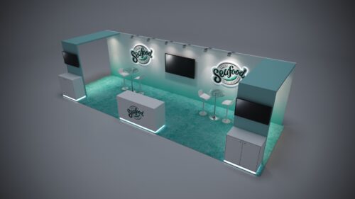 10x30 custom booth design with modern displays and advanced lighting solutions.