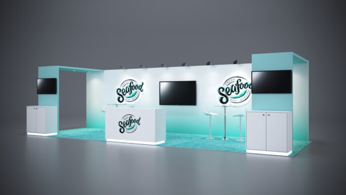 10x30 custom trade show booth with high-tech elements and dynamic branding features.