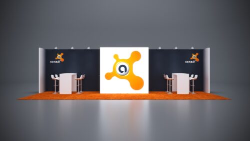 10x30 trade show exhibit with sleek counters, dynamic graphics, and product demonstration zones.