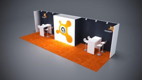 10x30 trade show booth with customizable design, LED-lit elements, and storage solutions.