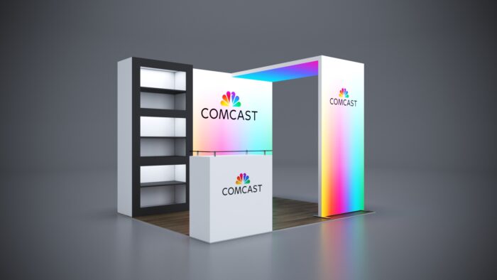 10x8 trade show booth with clean lines, custom graphics, and functional storage options.