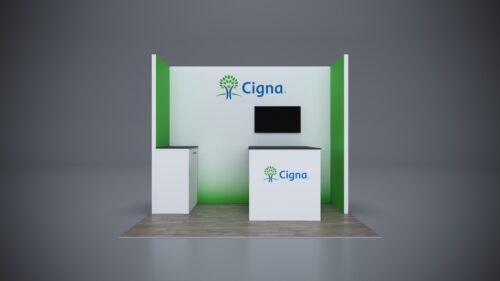 10x8 custom trade show booth featuring sleek design and interactive display technology.