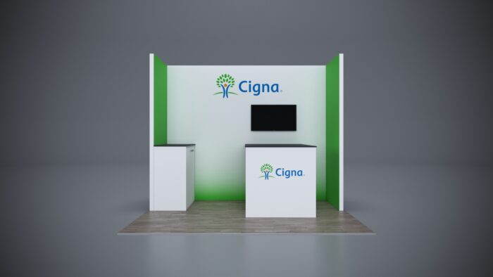 10x8 custom trade show booth featuring sleek design and interactive display technology.