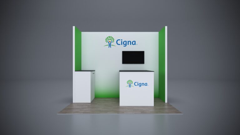 10x8 custom trade show booth featuring sleek design and interactive display technology.