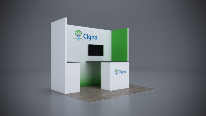10x8 trade show exhibit with modern counters, branded graphics, and storage areas.