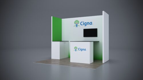 10x8 trade show exhibit rental with customizable counters and dynamic lighting.