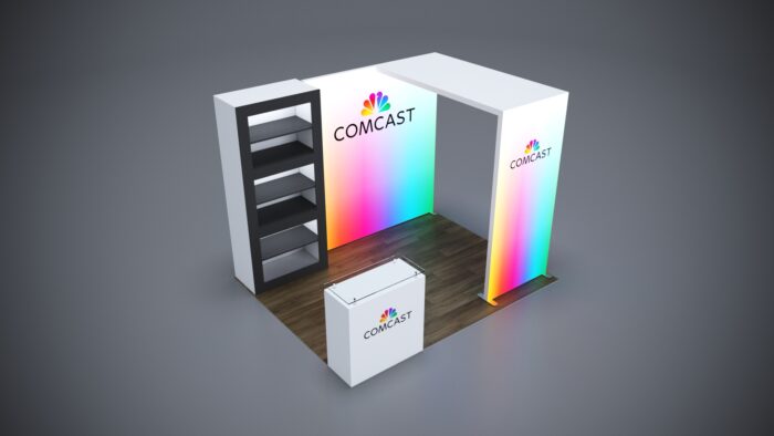 10x8 trade show booth with modular counters and flexible design for various displays.