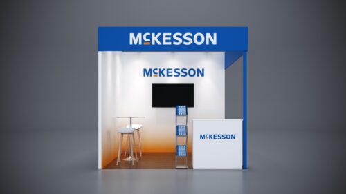 10x8 trade show booth with LED lighting and customizable graphics for branding.