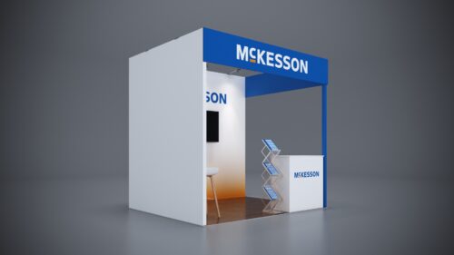 10x8 trade show exhibit with versatile counter designs and interactive presentation areas.