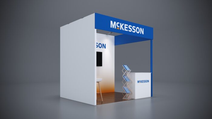 10x8 trade show exhibit with versatile counter designs and interactive presentation areas.