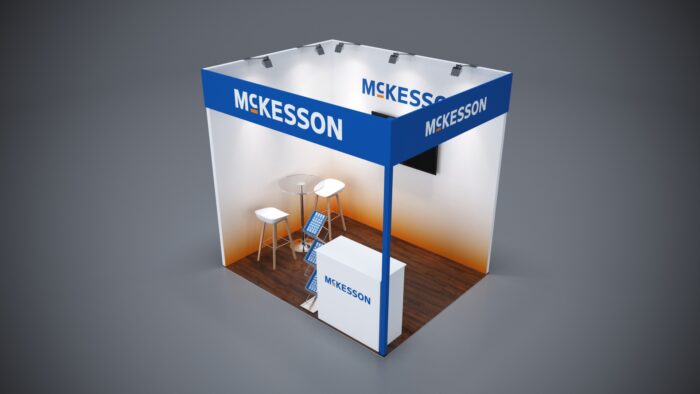 10x8 trade show exhibit with modern design and interactive digital displays.
