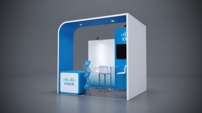 10x8 custom trade show booth with LED lighting and interactive features.