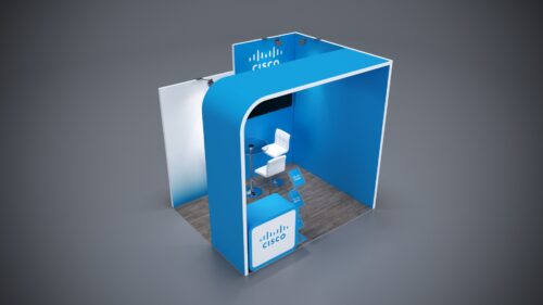 10x8 trade show exhibit rental featuring sleek counters and innovative displays.