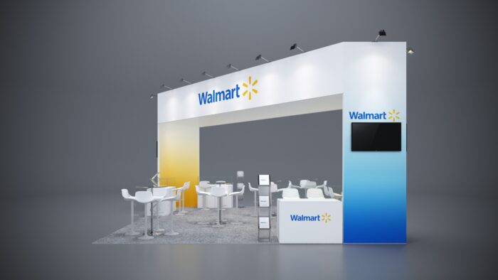 20x20 trade show exhibit with modern layout, spacious counters, and customizable graphics for branding.
