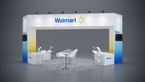 20x20 trade show exhibit with customizable walls, LED lighting, and modern product displays.