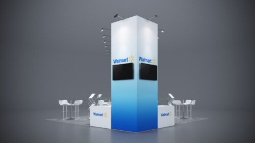 20x20 custom trade show booth with flexible design, interactive elements, and sleek counters.