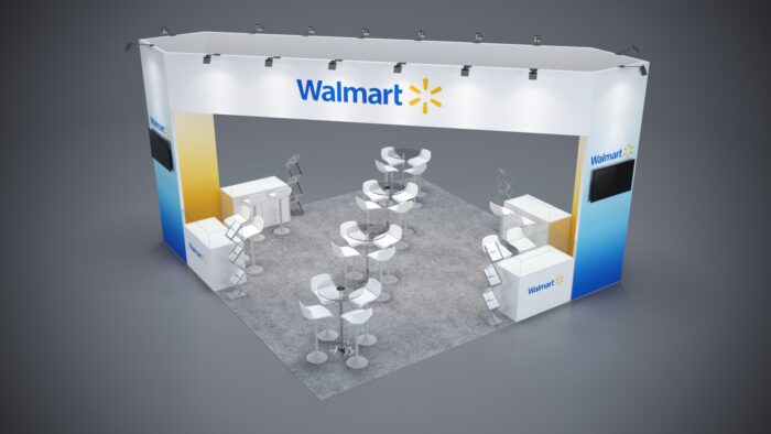 20x20 trade show booth with modular design, tech integration, and customizable display areas.
