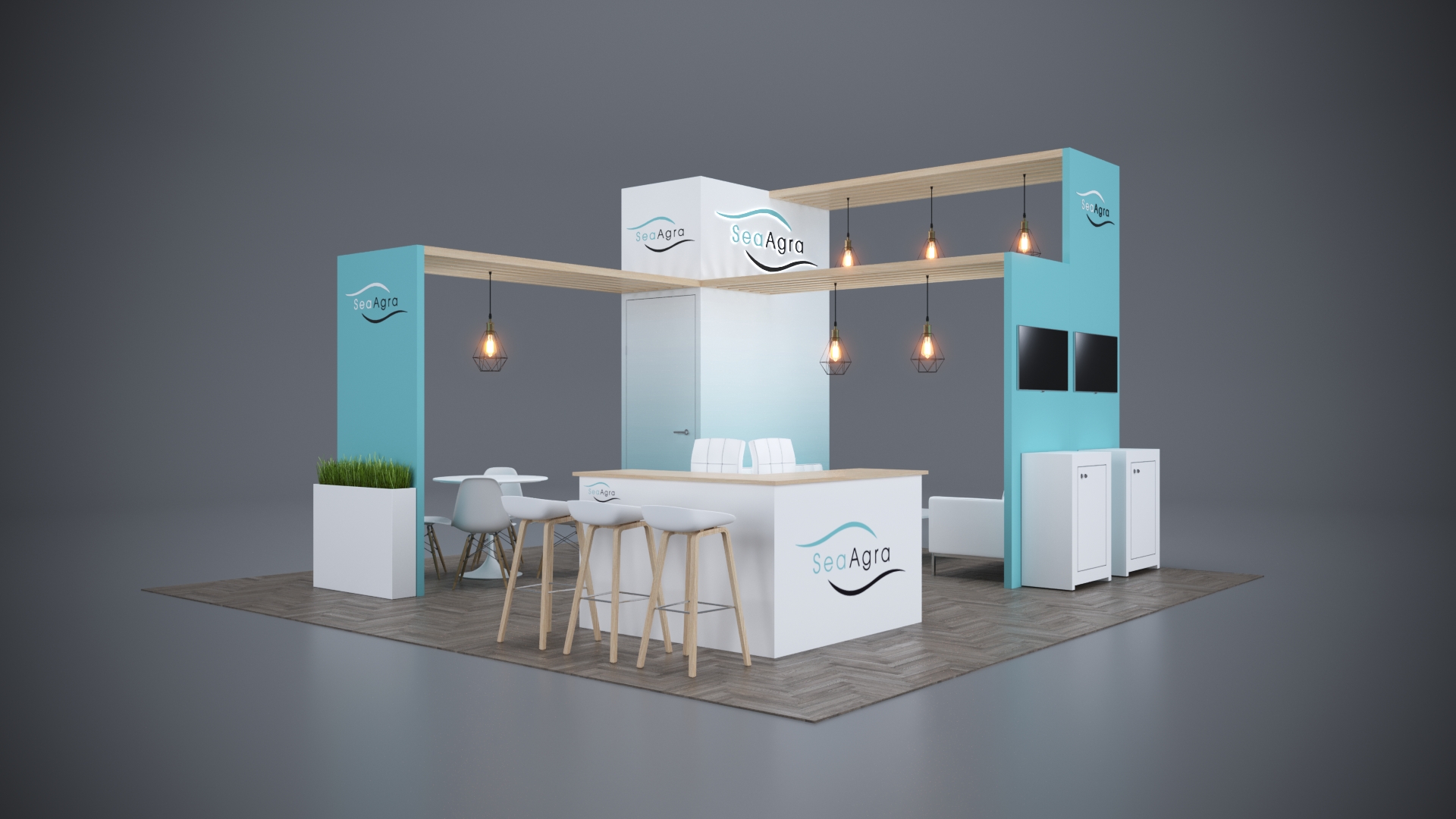 20x20 modular trade show exhibits with eye-catching displays and flexible counter setups.