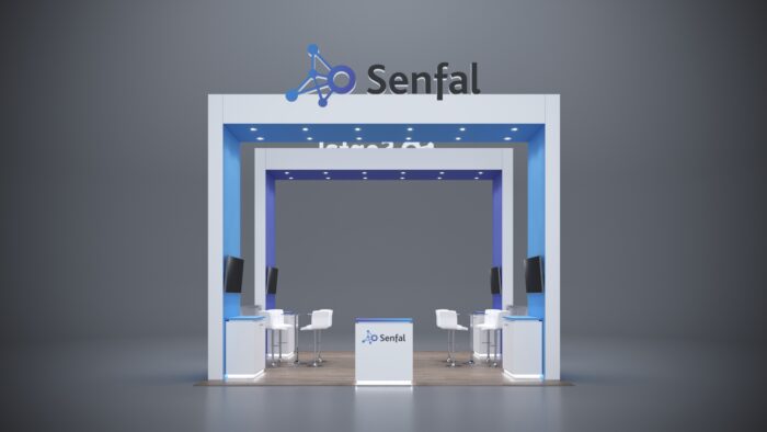 20x20 Trade Show Display Rental 17-01 20x20 modular trade show exhibits with stylish storage solutions and product areas.