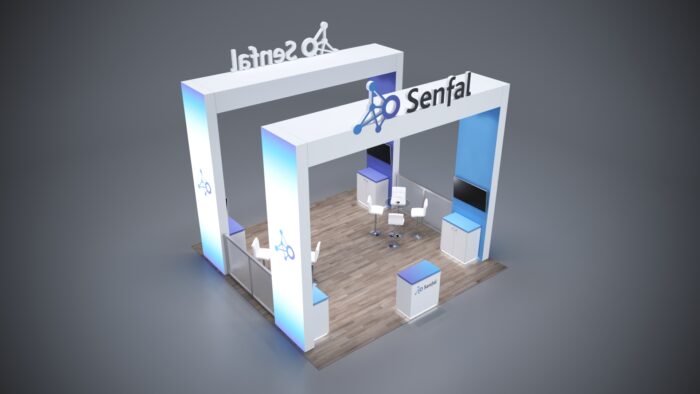 20x20 modular trade show exhibits with display areas, counters, and customizable features.