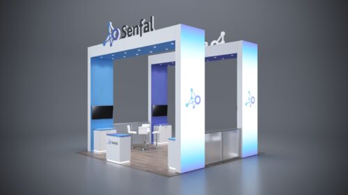 20x20 modular trade show exhibits with innovative counters and branding solutions.